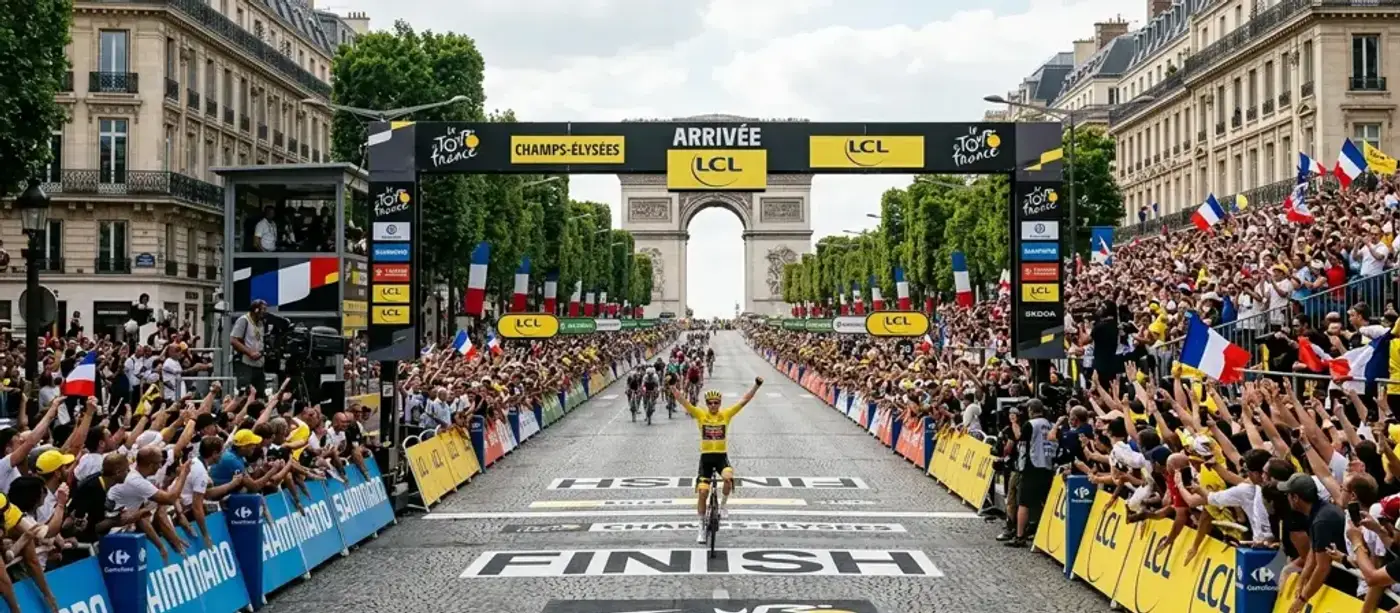 Tour de France winner in yellow jersey crossing the finish line on the Champs-Élysées, Arc de Triomphe visible in the background amid packed crowds waving French flags